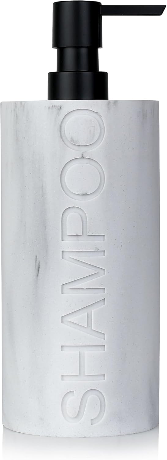 Matte White Shampoo Dispenser Modern Refillable Pump Bottle with Embossed Text, Durable Resin