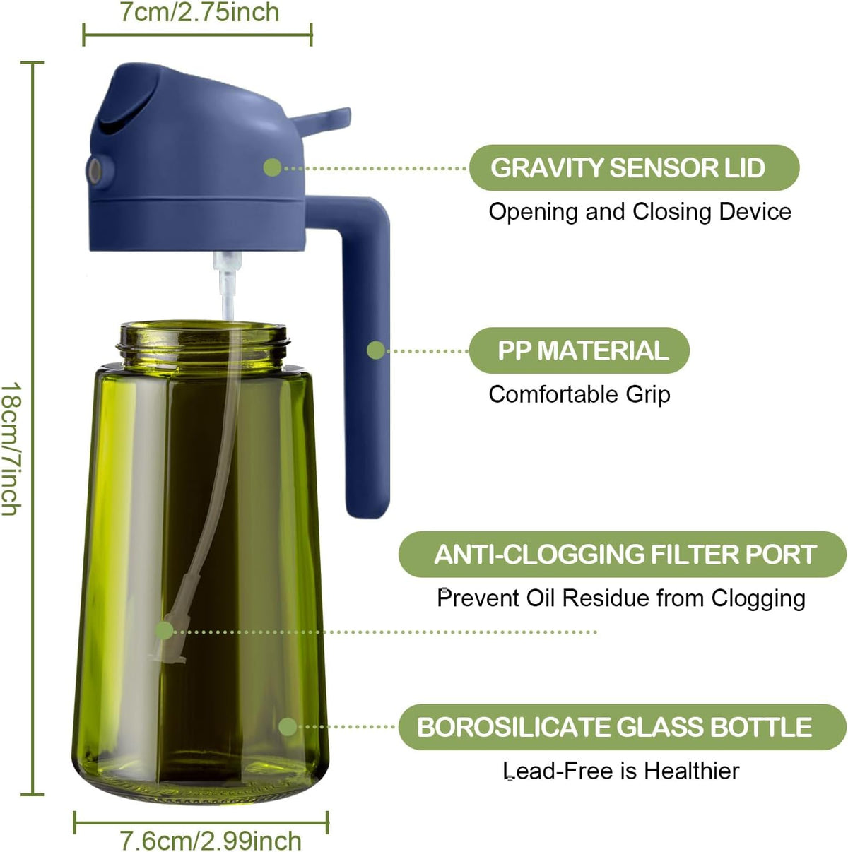 YARRAMATE 16oz/470ml Dark Green Oil Sprayer for Cooking with Stickers, Food-grade Premium 2 in 1