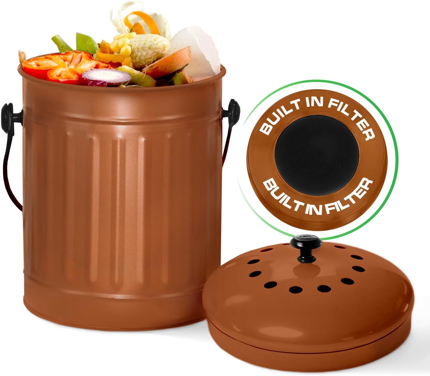 Plexon Countertop Compost Bin Kitchen Indoor, with Lid, Copper 1.5 Gallon Odorless Kitchen Compost