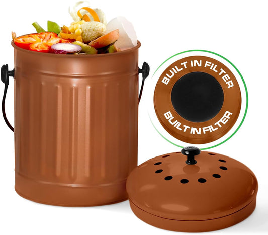 Plexon Countertop Compost Bin Kitchen Indoor, with Lid, Copper 1.5 Gallon Odorless Kitchen Compost