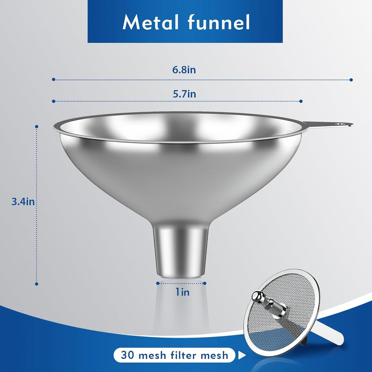 Stainless Steel Funnel with 30 Mesh Filter Food Grade Metal Funnel for Kitchen, Liquids, Oil