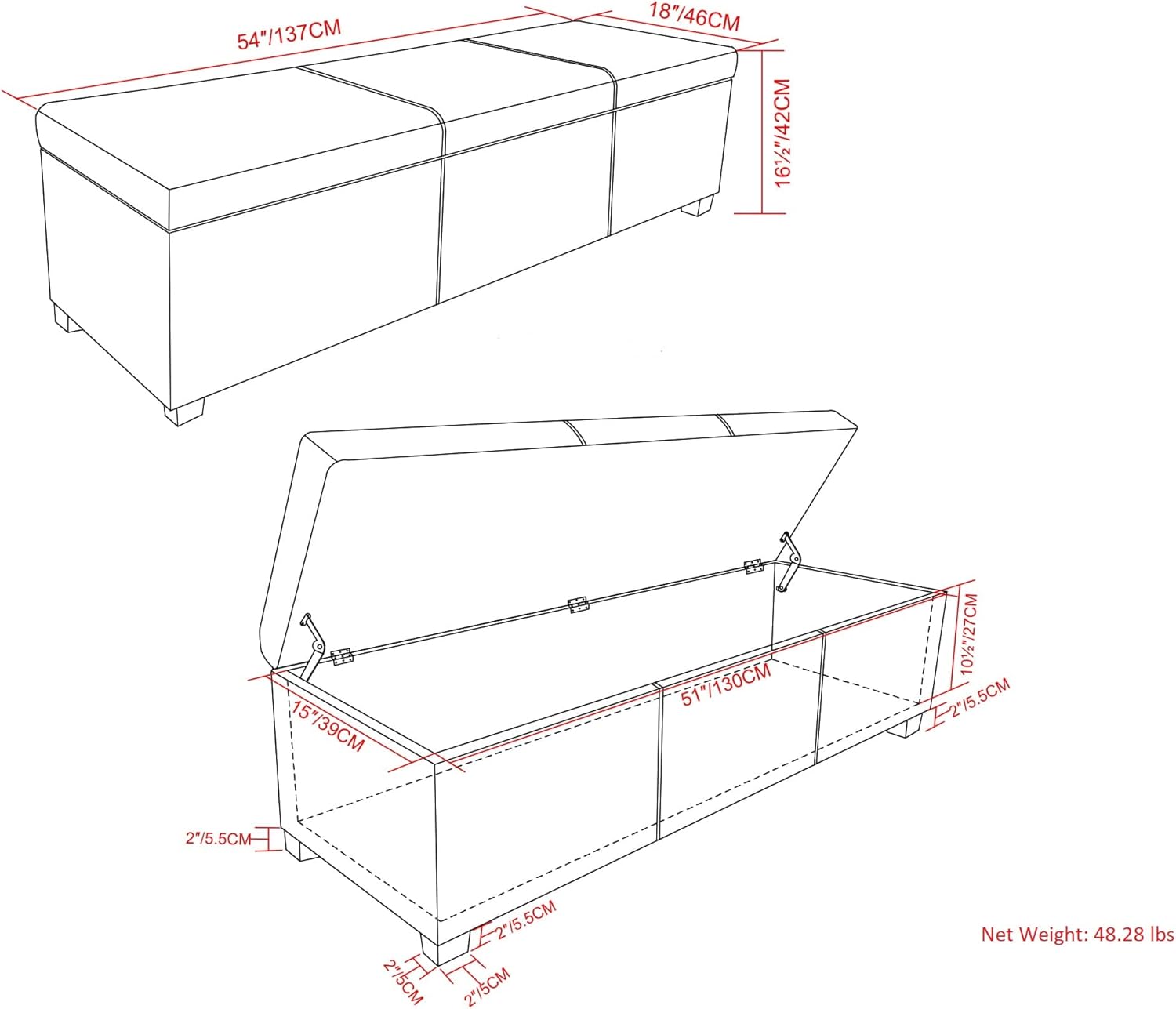 SIMPLIHOME Avalon 54 inch Wide Contemporary Rectangle Extra Large Storage Ottoman Bench in Slate