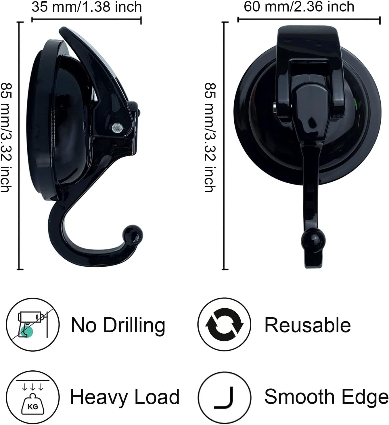 Heavy Duty Vacuum Shower Hooks - Glass Suction Cup Hooks, Reusable, No Hole Punched, for Bathroom