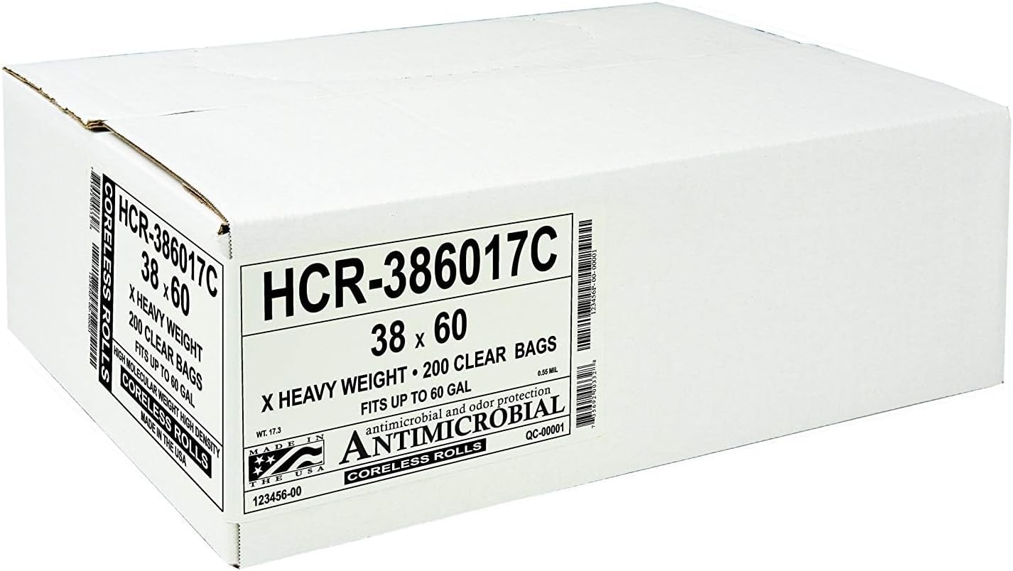Aluf Plastics High Density Trash Bags, 60 Gallon, 200 Count, 14 Micron (eq), 38" x 60", Clear, for