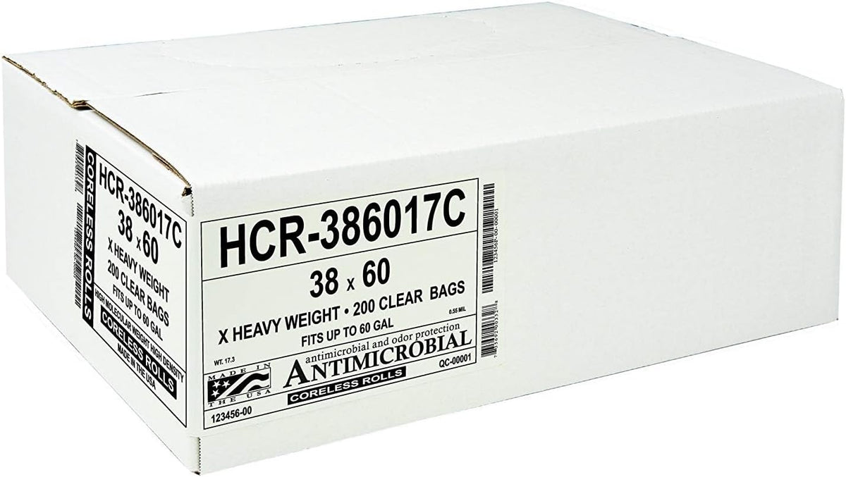 Aluf Plastics High Density Trash Bags, 60 Gallon, 200 Count, 14 Micron (eq), 38" x 60", Clear, for