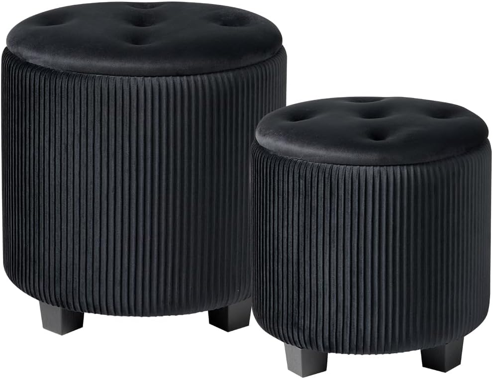 Big Round Ottoman with Storage Set of 2,Upholstered Velvet Vanity Stool for Makeup Multifunctional