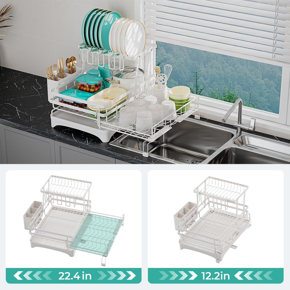 2 Tier Large Dish Drying Rack - Extendable Dish Rack, 2-in-1 Anti-Rust Stainless Steel Dishrack for