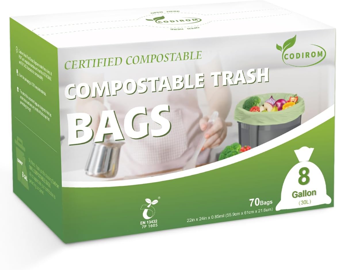 100% Compostable Trash Bags, 8 Gallon, 30 Liter, 0.85 Mils, 70 Count Large Kitchen Food Scrap