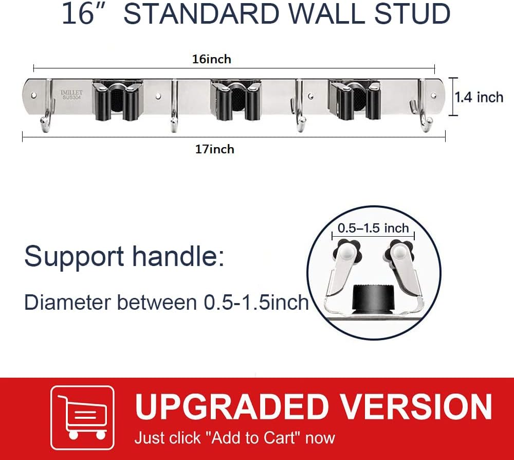 IMILLET 2 Pack Broom and Mop Holder Wall Mounted, Stainless Steel Broom Holder Mop Holder Self