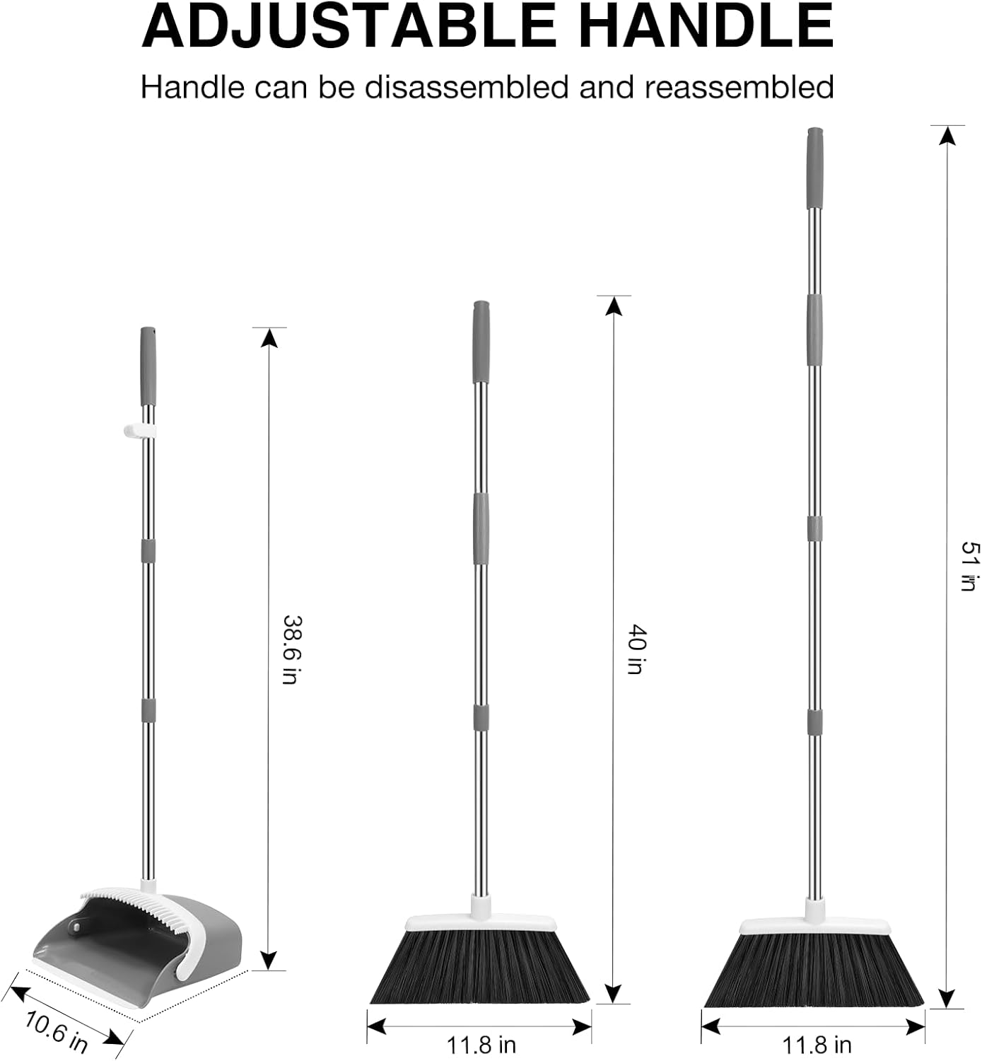 NACENA Broom and Dustpan Set, 52-in Long Adjustable Handle Broom Dustpan Combo with Dustpan Teeth