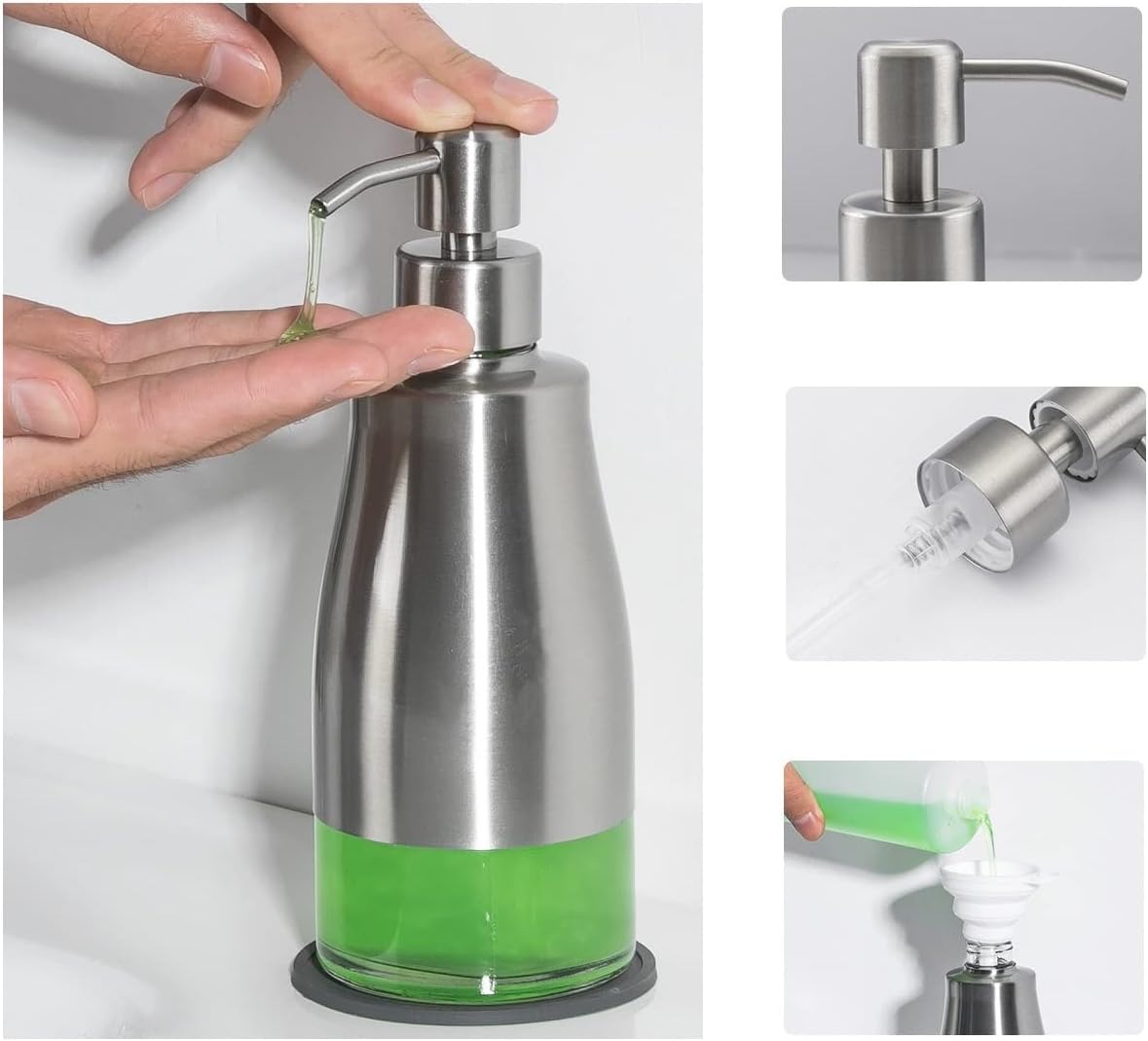 Gaussra 2 Pack Soap Dispenser with Coaster and Stickers, Stainless Steel Case Glass Liner Hand Pump