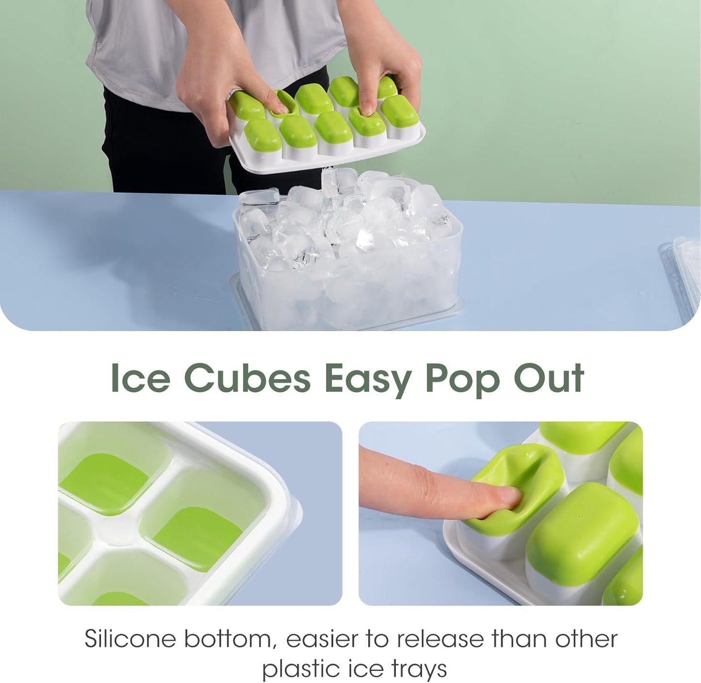 DOQAUS Ice Cube Tray with Lid and Bin, 4 Pack Silicone Plastic Ice Cubes Trays for Freezer with