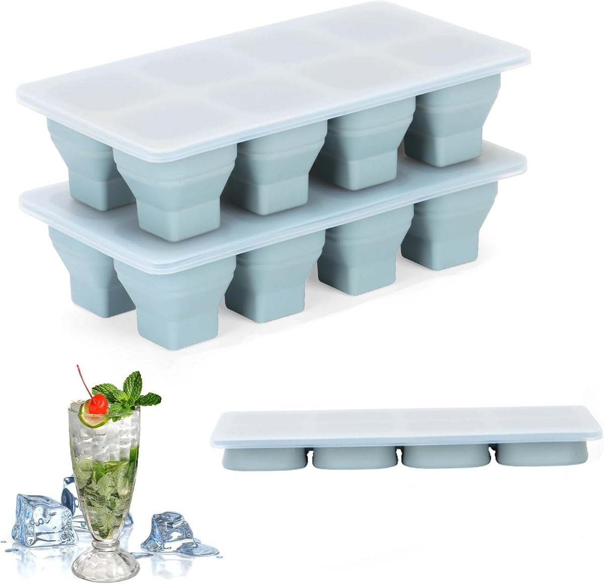 Foldable Ice Cube Trays, 2 Pack Folding Ice Cubes Maker Molds with Lid for Freezer, Easy-Release