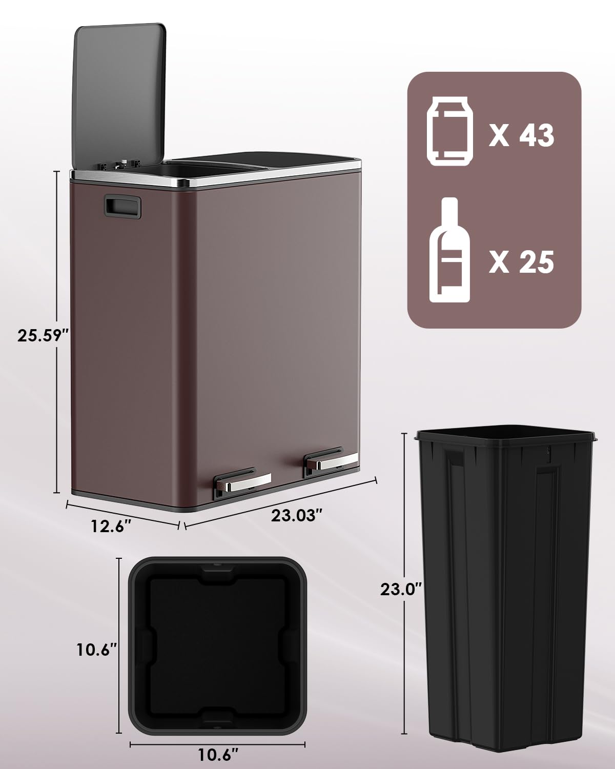 AthLike 60L(16 Gal) Dual Trash Can, Stainless Steel Kitchen Garbage Can, Double Compartment
