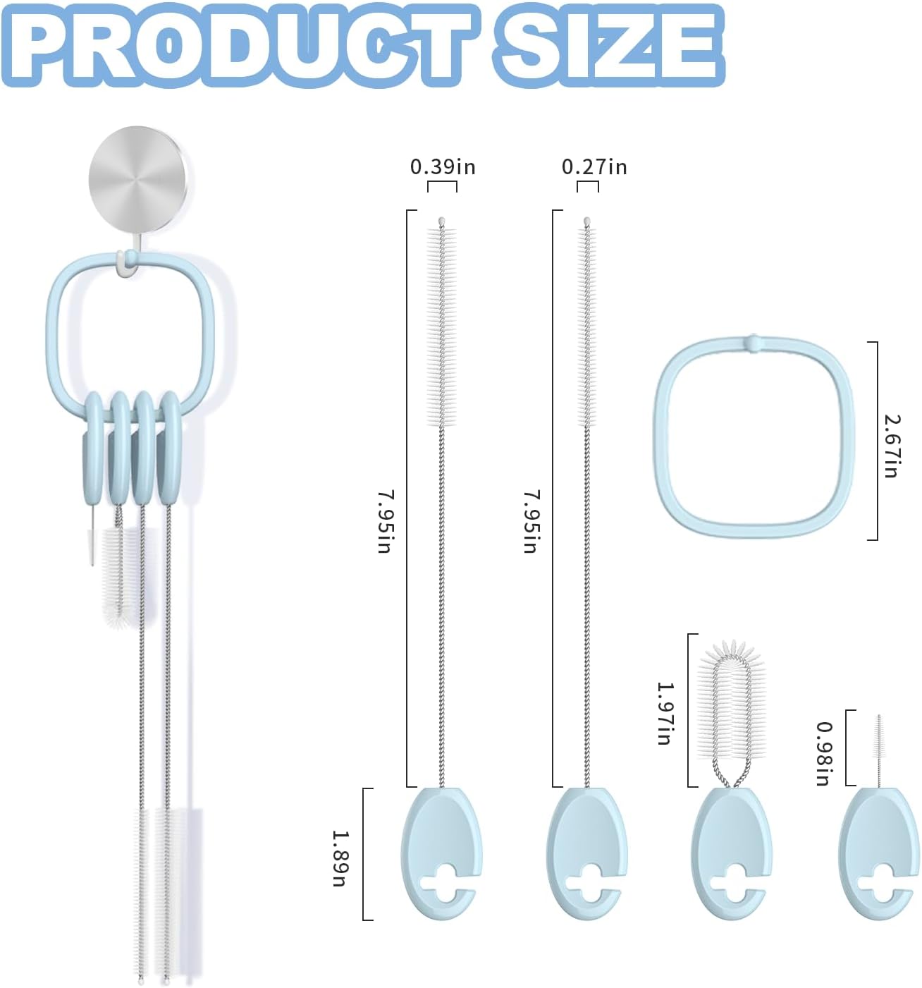 YOTIME Standing Straw Cleaner Brush Set, 4in1 Reusable Straw Brushes with Holder Ring, for Wide and