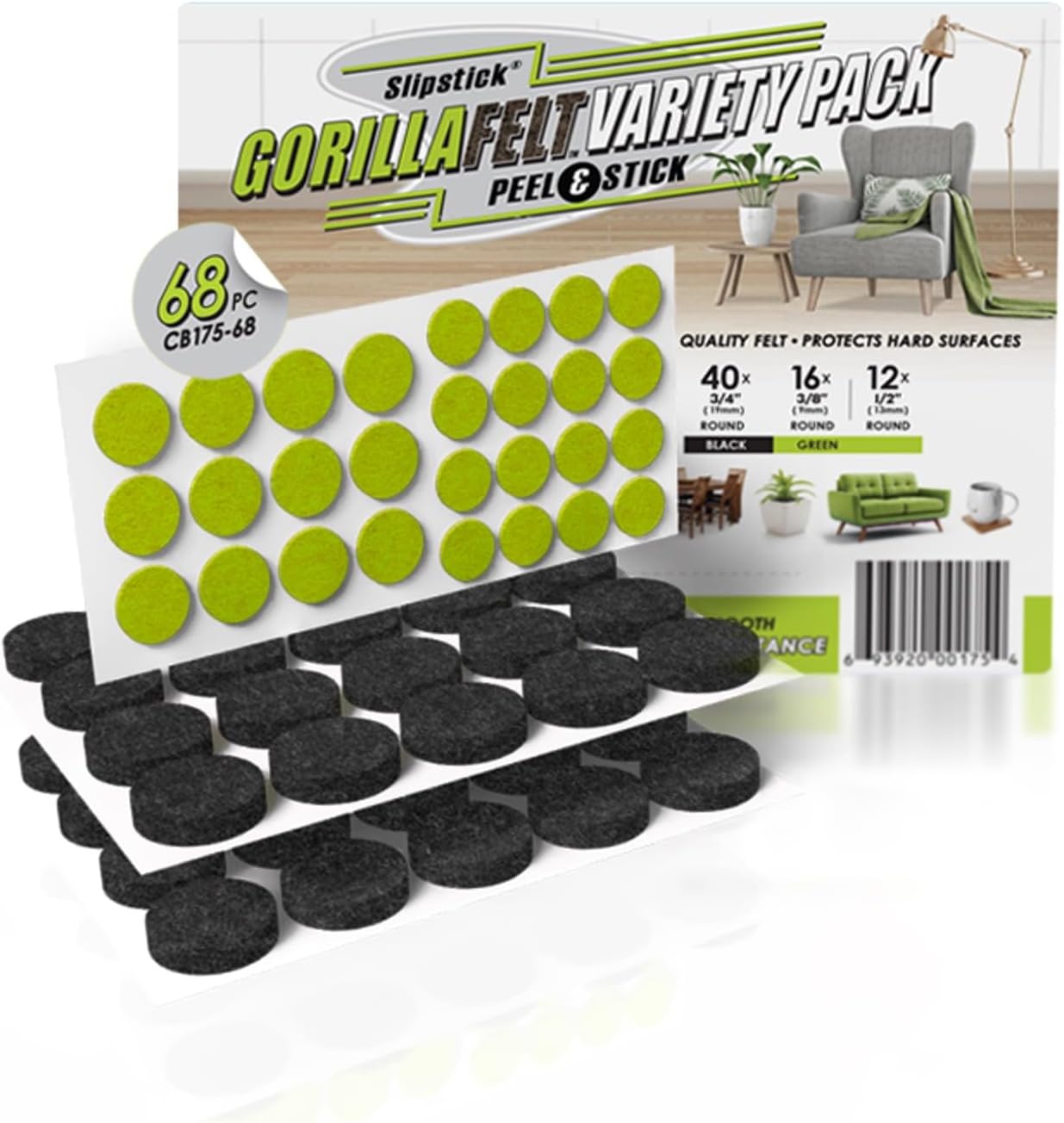 Slipstick Gorilla Felt ¾ Inch Furniture Pads (68 Pcs) Premium Furniture Pads & Chair Leg Floor