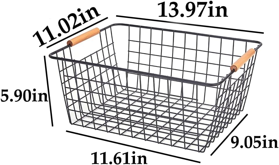 LeleCAT Large black wire baskets with Wooden Handles for storage pantry, Storage Organizer Baskets