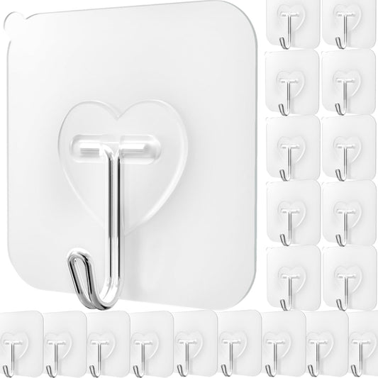 DGYB 20 Pcs Clear Adhesive Hooks for Hanging 22lb Self Adhesive Wall Hooks Heavy Duty Waterproof