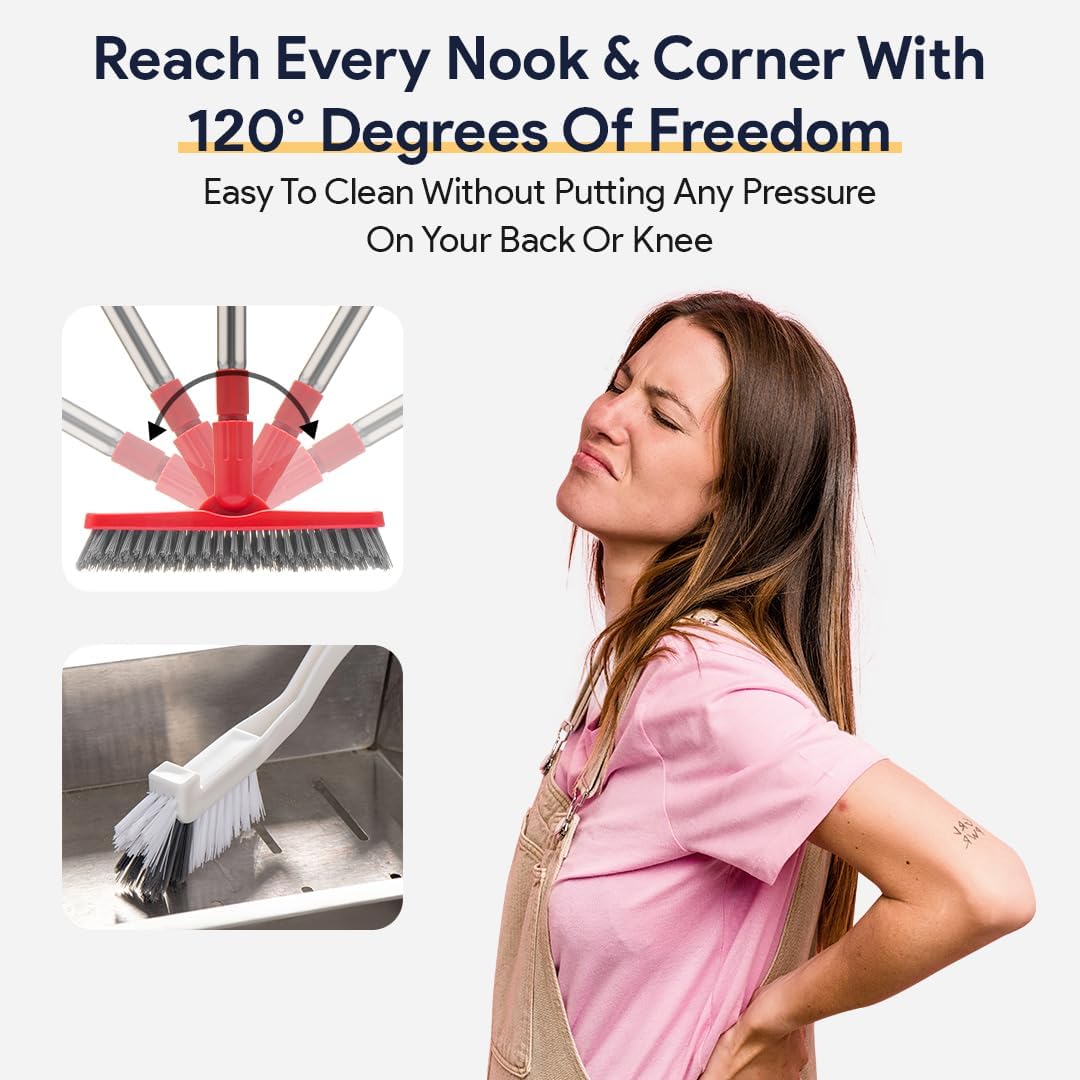 Foxtrot Living Grout Brush with Long Handle & Handheld Stiff Bristle Scrubber, V-Shaped Cleaner