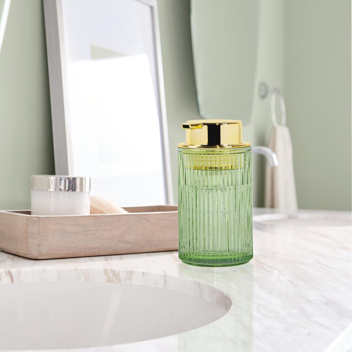 Green Foaming Soap Dispenser, Glass Foam Hand Soap Dispenser with Gold Pump, 12 Oz Bathroom