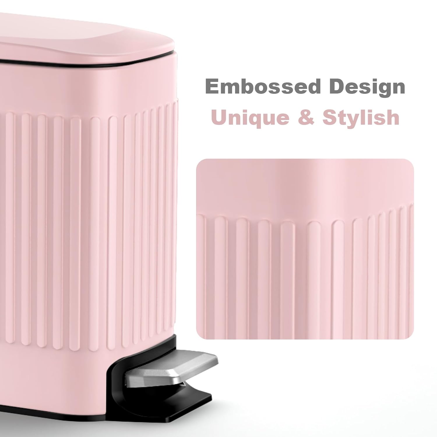 TrashAid Pink Bathroom Trash Can, 1.6 Gallon Stainless Steel Small Garbage Can with Lid, Step