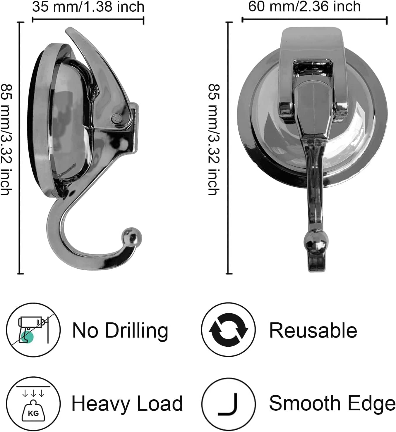 Heavy Duty Vacuum Suction Shower Hooks - Glass Suction Cup Hooks, Bathroom Robe Hooks, Reusable, No