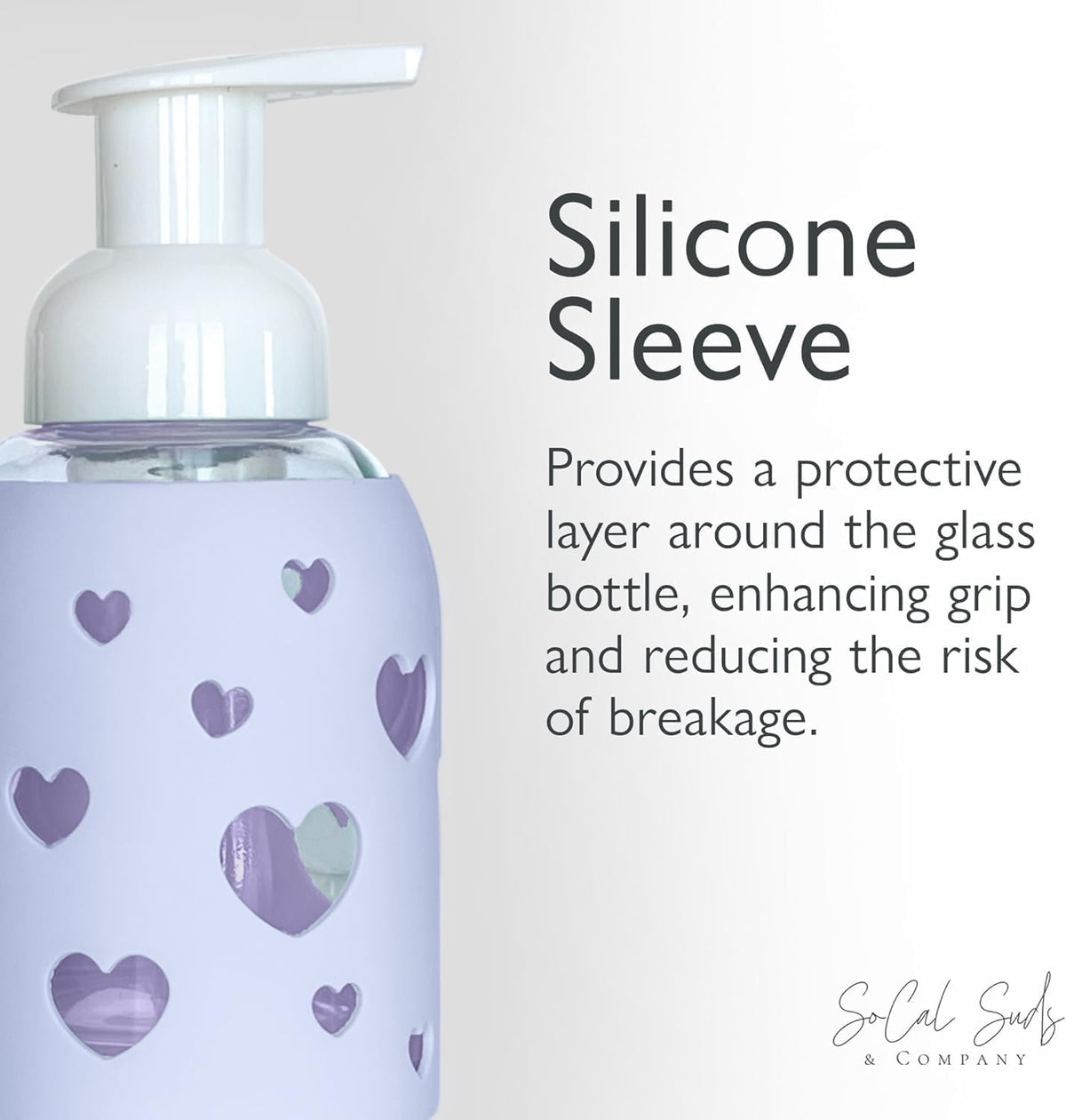 SoCal Suds & Company Glass Foaming Hand Soap Dispenser, Heart Silicone Sleeve, Refillable Pump
