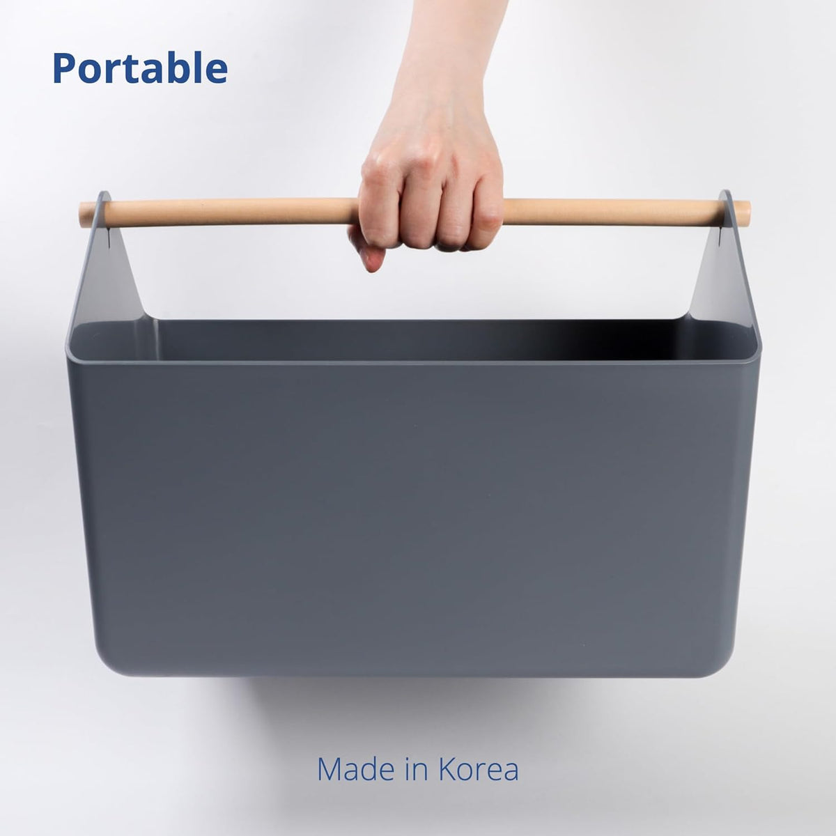 BLUE GINKGO Large Storage Basket – Plastic Caddy with Wooden Handle for Bathroom, Pantry, or