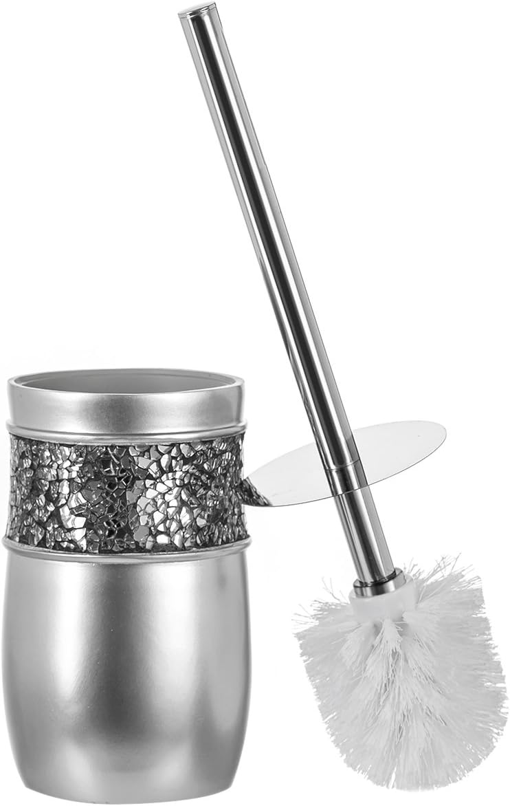 Crackled Glass Toilet Brush with Holder - Silver Toilet Bowl Cleaner Brush and Holder - Good Grip