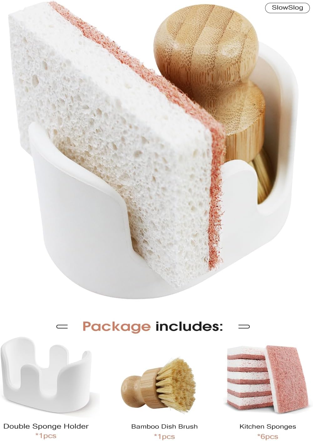 Double Sponge Holder, Water-Absorbing Stone Dish Sponge Caddy for Kitchen Sink Counter, Fast-Drying