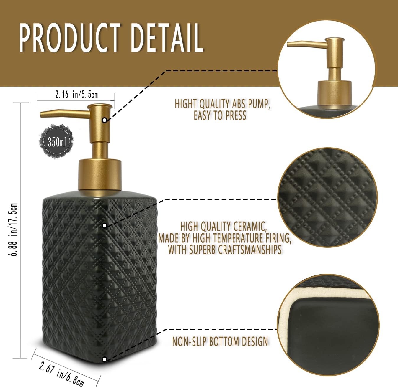 Gold Soap Dispenser for Bathroom,Black Square Lotion Dispenser, Refillable Countertop Ceramic Hand