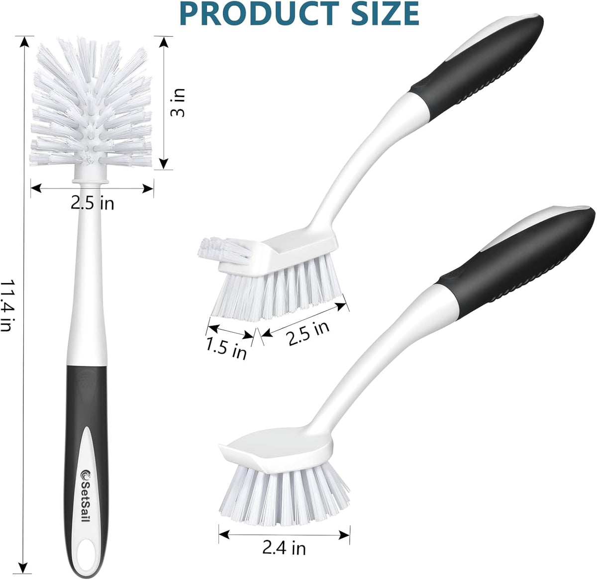 SetSail Dish Brush Set of 3 with Bottle Brush, Dish Scrub Brush with Long Handle Deep Cleaning