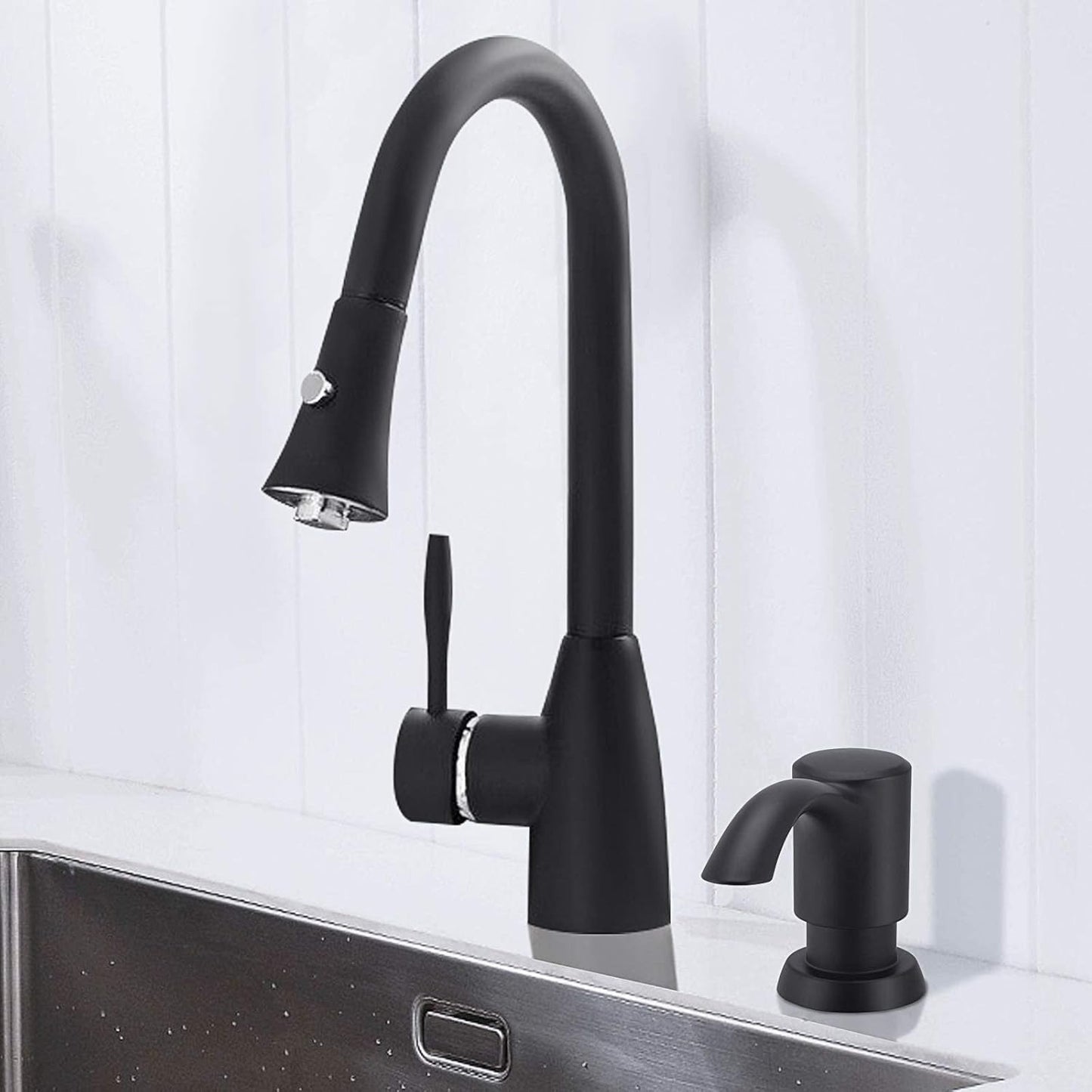 SAMODRA Built in Kitchen Sink Soap Dispenser (Matte Black) with 12 oz Large PET Lotion Bottle