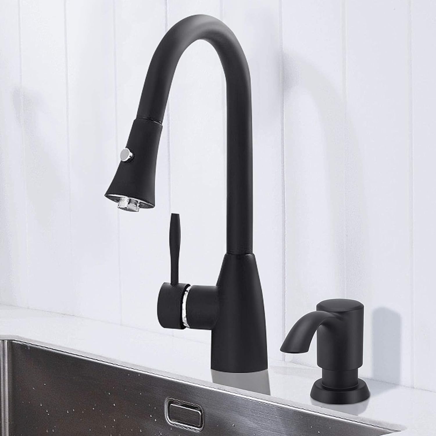 SAMODRA Built in Kitchen Sink Soap Dispenser (Matte Black) with 12 oz Large PET Lotion Bottle