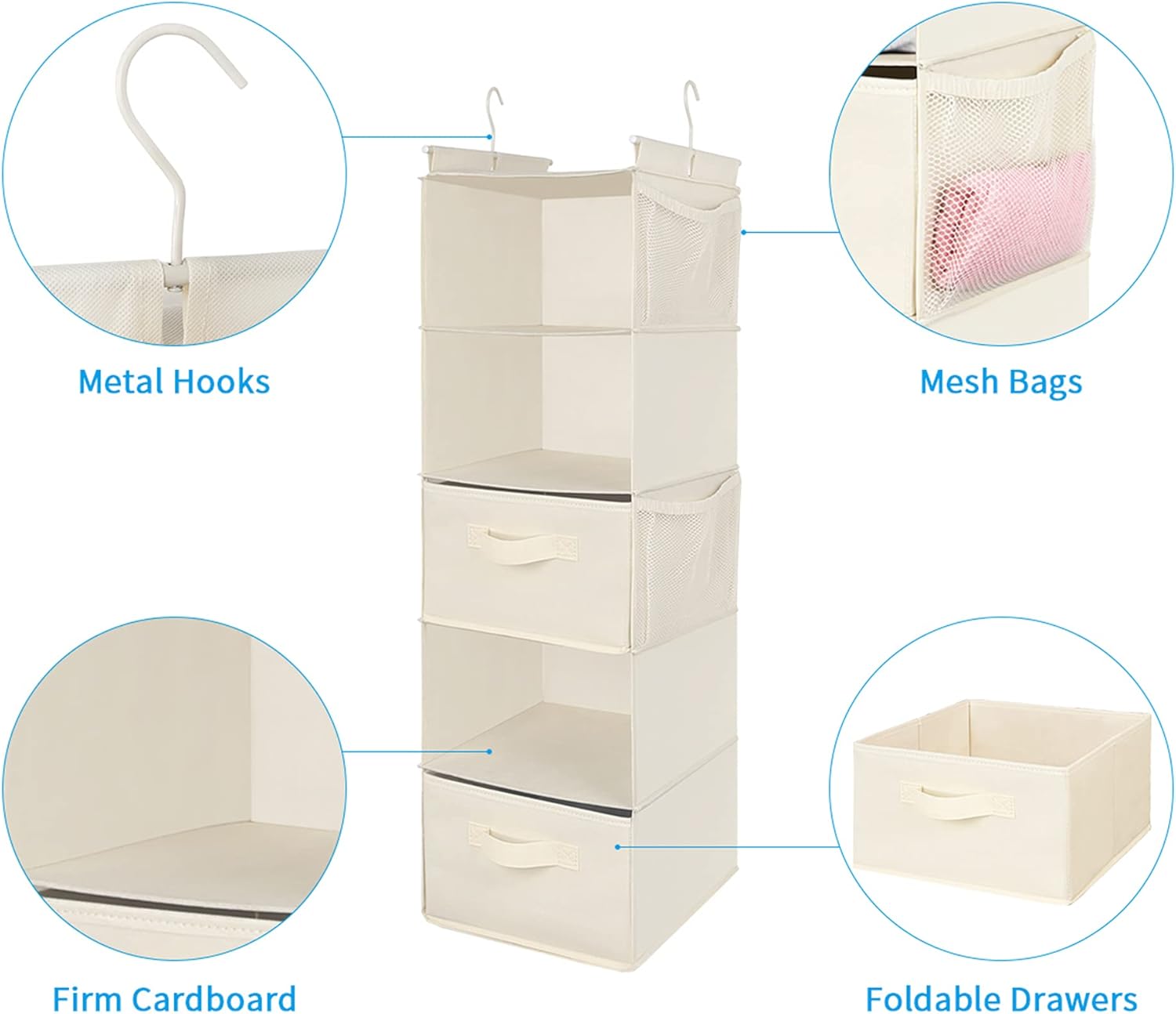 MAX Houser 5 Tier Shelf Hanging Closet Organizer, Cloth Hanging Shelf with 2 Sturdy Hooks for