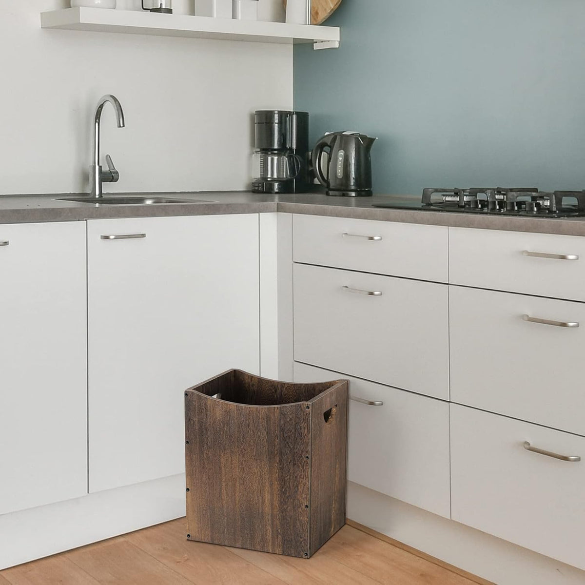 Wood Trash Can 5.3 Gallon Office Wastebasket Farmhouse Rectangular Garbage Can with Built-in