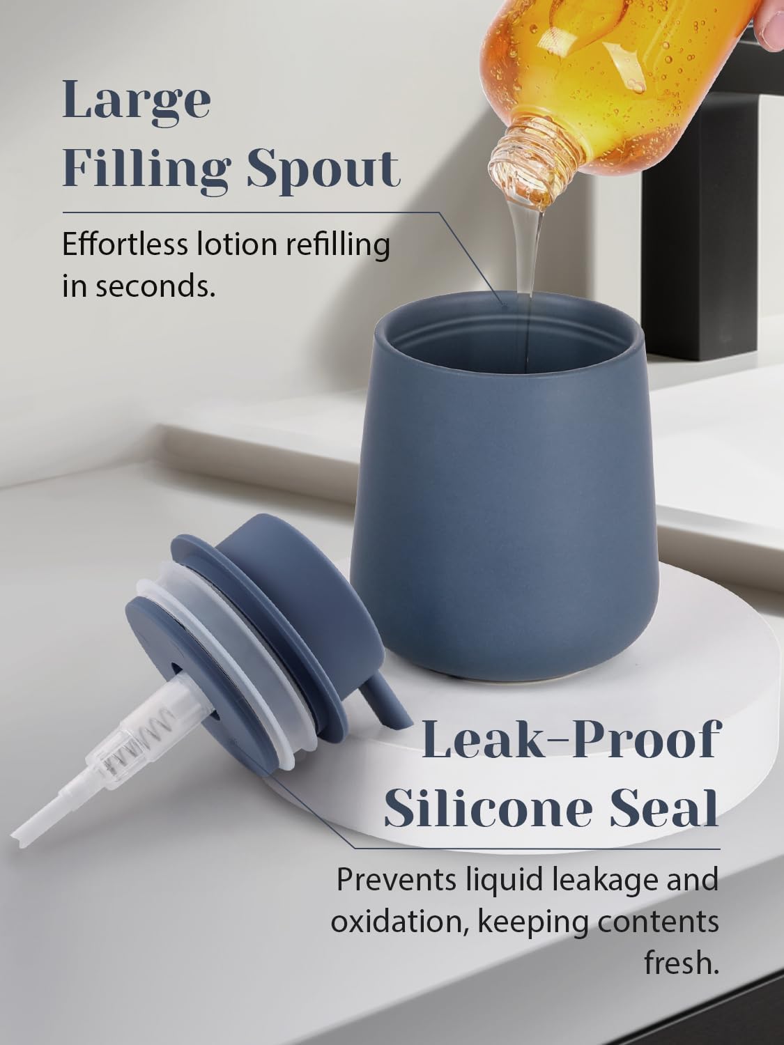 INGOFIN Ceramic Lotion Dispenser - 12oz Refillable Liquid Hand Soap Dispenser Bathroom, Modern Dish