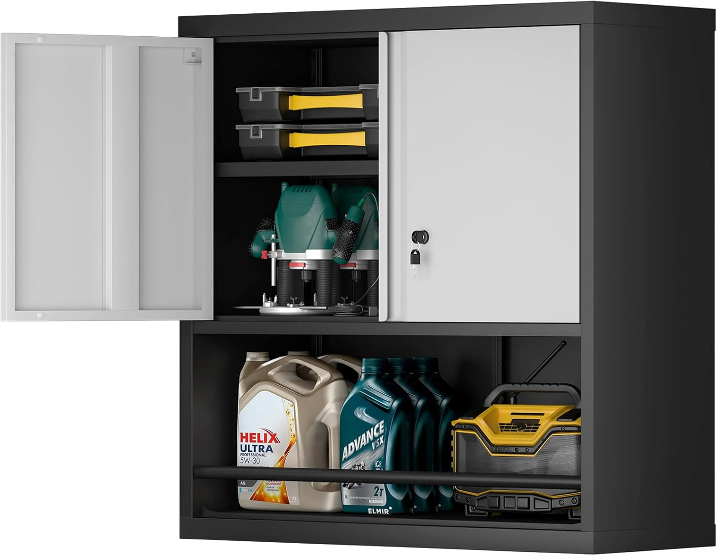 Metal Garage Cabinets, Lockable Storage Cabinet, Metal Cabinet with Open Storage, Upper Tool