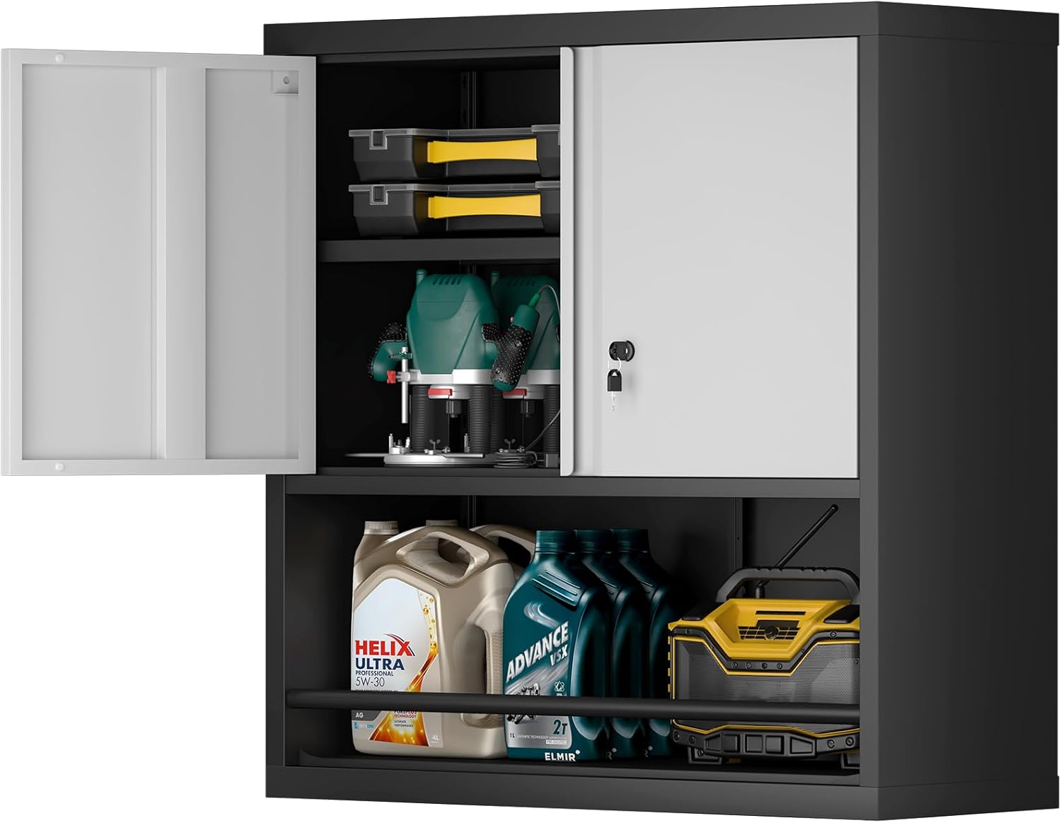Metal Garage Cabinets, Lockable Storage Cabinet, Metal Cabinet with Open Storage, Upper Tool