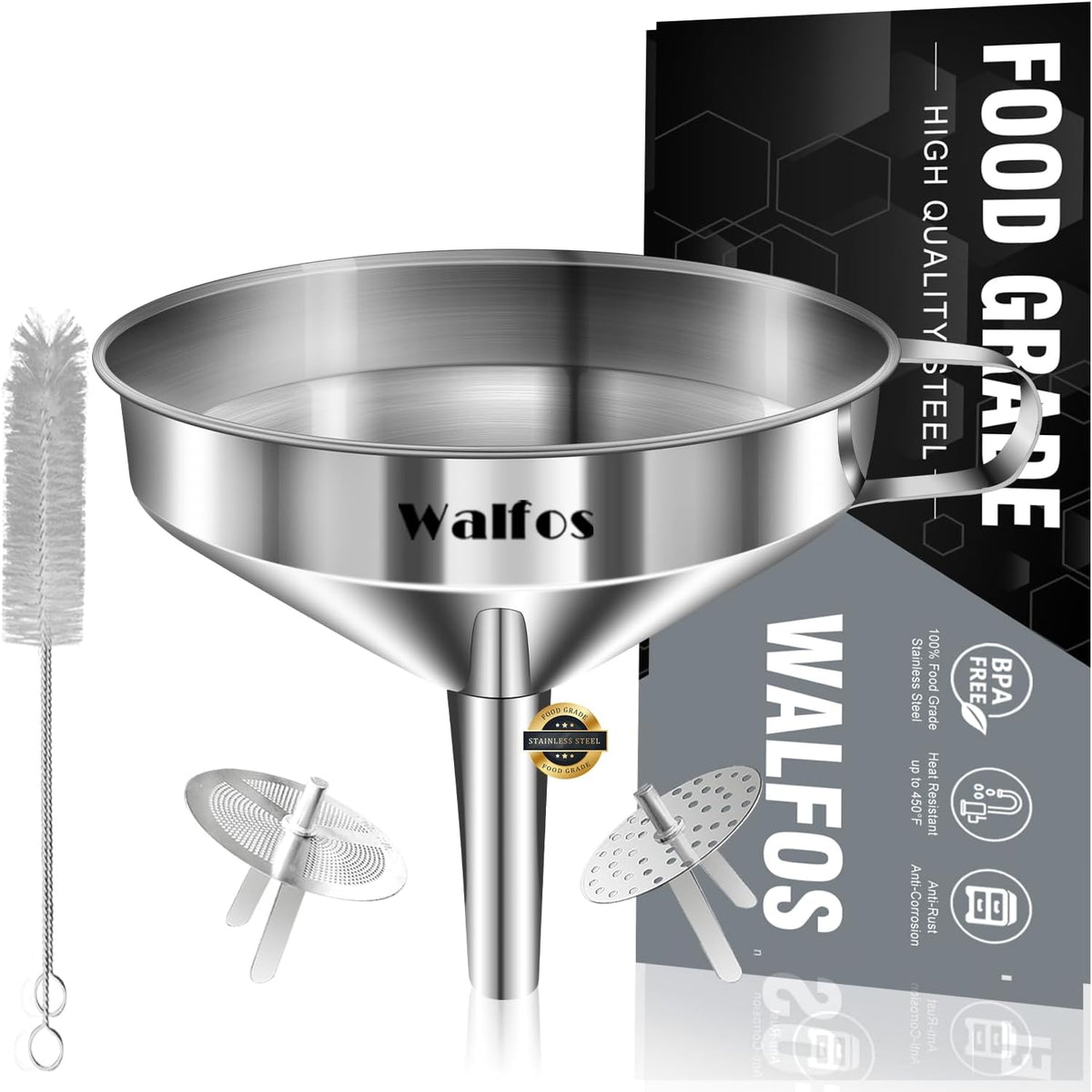 Stainless Steel Funnel, Walfos Kitchen Funnel with 2 Removable Strainer ＆ 1Pc Cleaning Brush