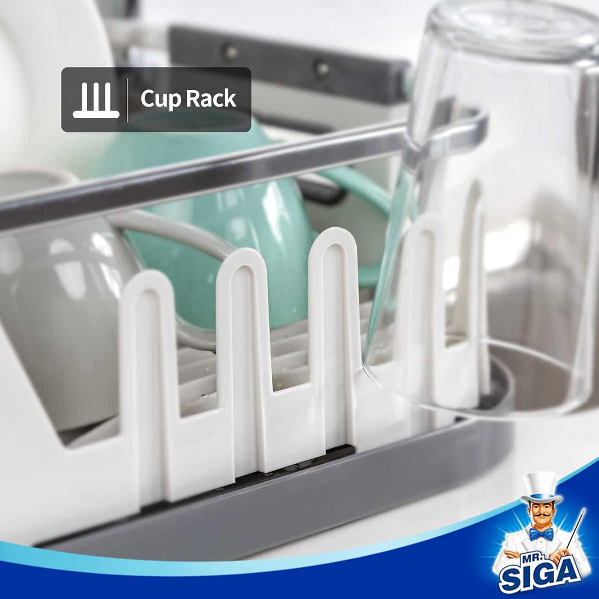 MR.SIGA Dish Drying Rack for Kitchen Counter, Compact Dish Drainer with Drainboard, Utensil Holder