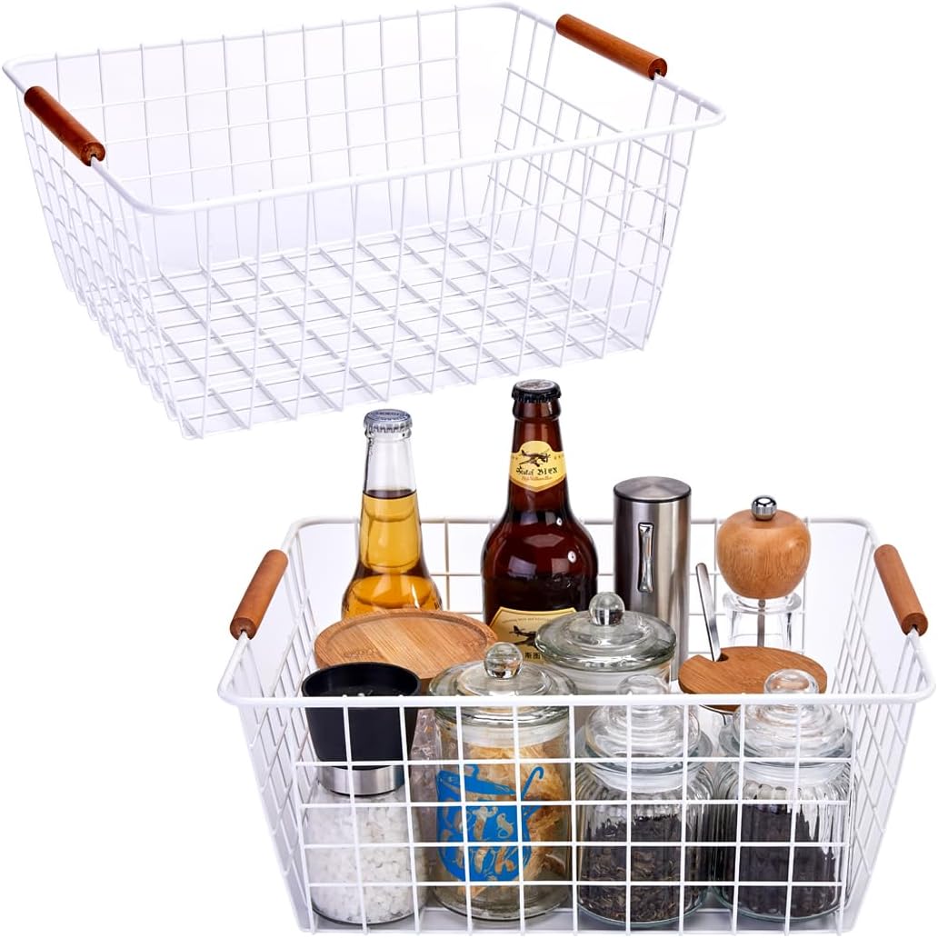 LeleCAT Large white wire baskets with Wooden Handles for storage pantry, Storage Organizer Baskets