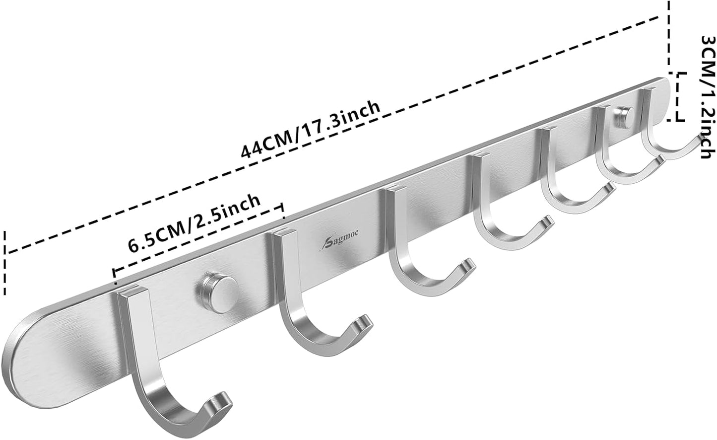 Towel Hook Rack Brushed Nickel 17-Inch Coat Hook Rail Wall Mounted with 7 Hooks, Durable Wall