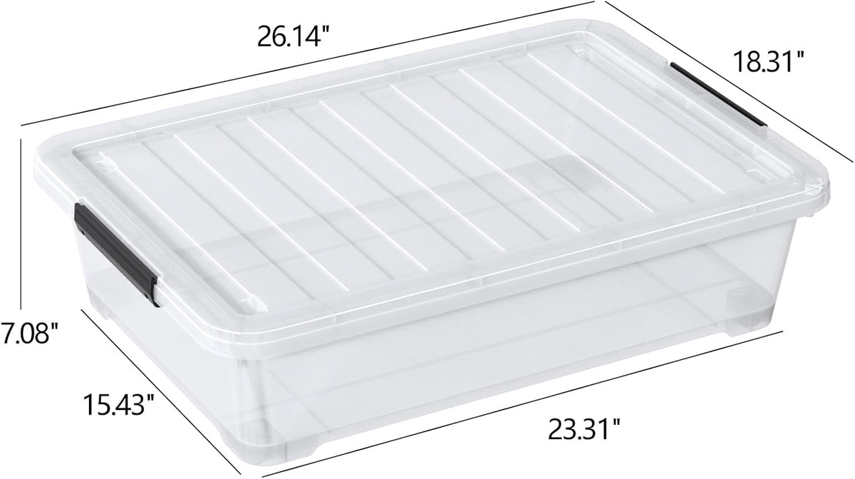 40 Quart Under Bed Plastic Storage Bins with Wheels, 3 Packs Clear Large Storage Container Box with