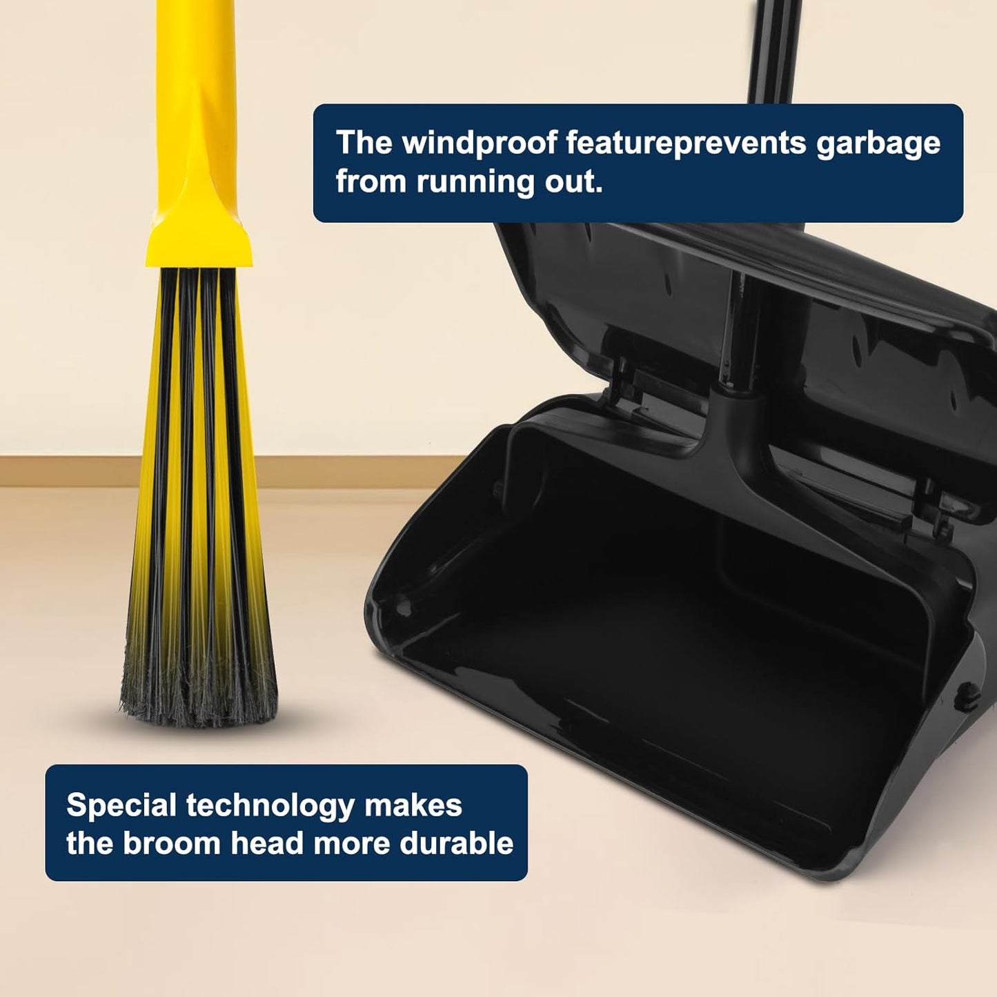 Indoor/Outdoor Heavy Duty Broom and Dustpan Set,Upright Plastic Commercial Dust Pan with 2 Brooms