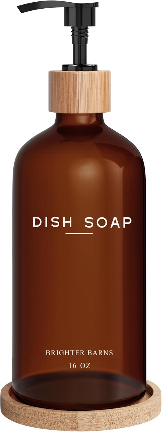 Amber Glass Dish Soap Dispenser for Kitchen Sink by Brighter Barns - Kitchen Soap Dispenser Set