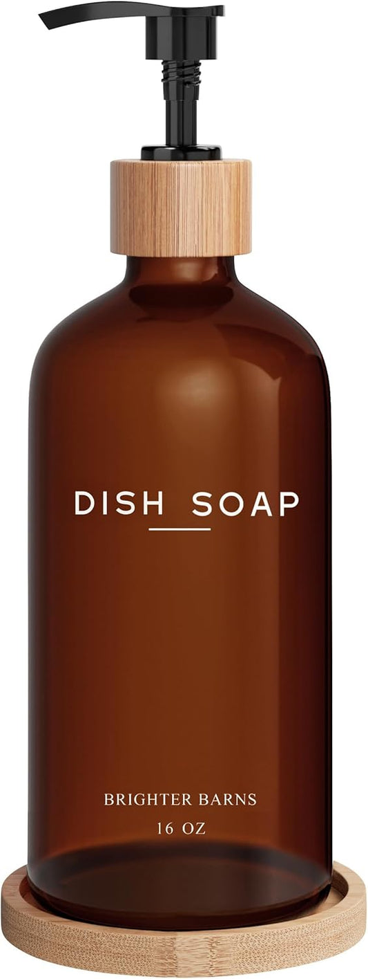 Amber Glass Dish Soap Dispenser for Kitchen Sink by Brighter Barns - Kitchen Soap Dispenser Set
