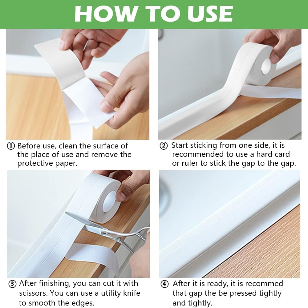 2 Pack Caulk Strip, 1.5" x 10.5Ft PVC Self Adhesive Caulk Tape, Sealing Waterproof Silicone Tape
