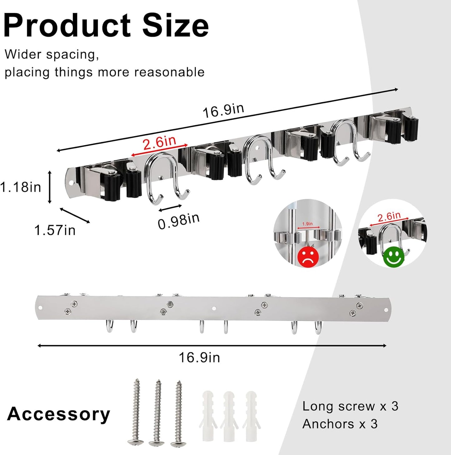 Mop Broom Holder Wall Mount, Silver Stainless Steel Tool Storage Organizer for Kitchen Garden