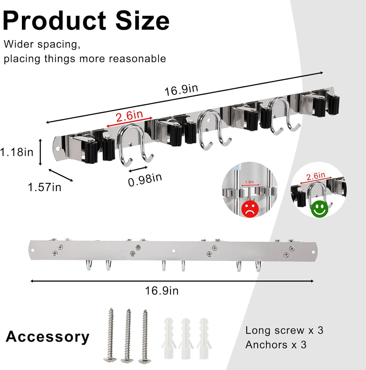Mop Broom Holder Wall Mount, Silver Stainless Steel Tool Storage Organizer for Kitchen Garden